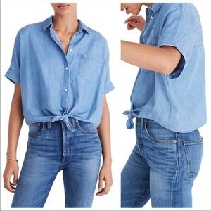 Madewell Blue Short Sleeve Tie Bottom Boxy Button Down Shirt